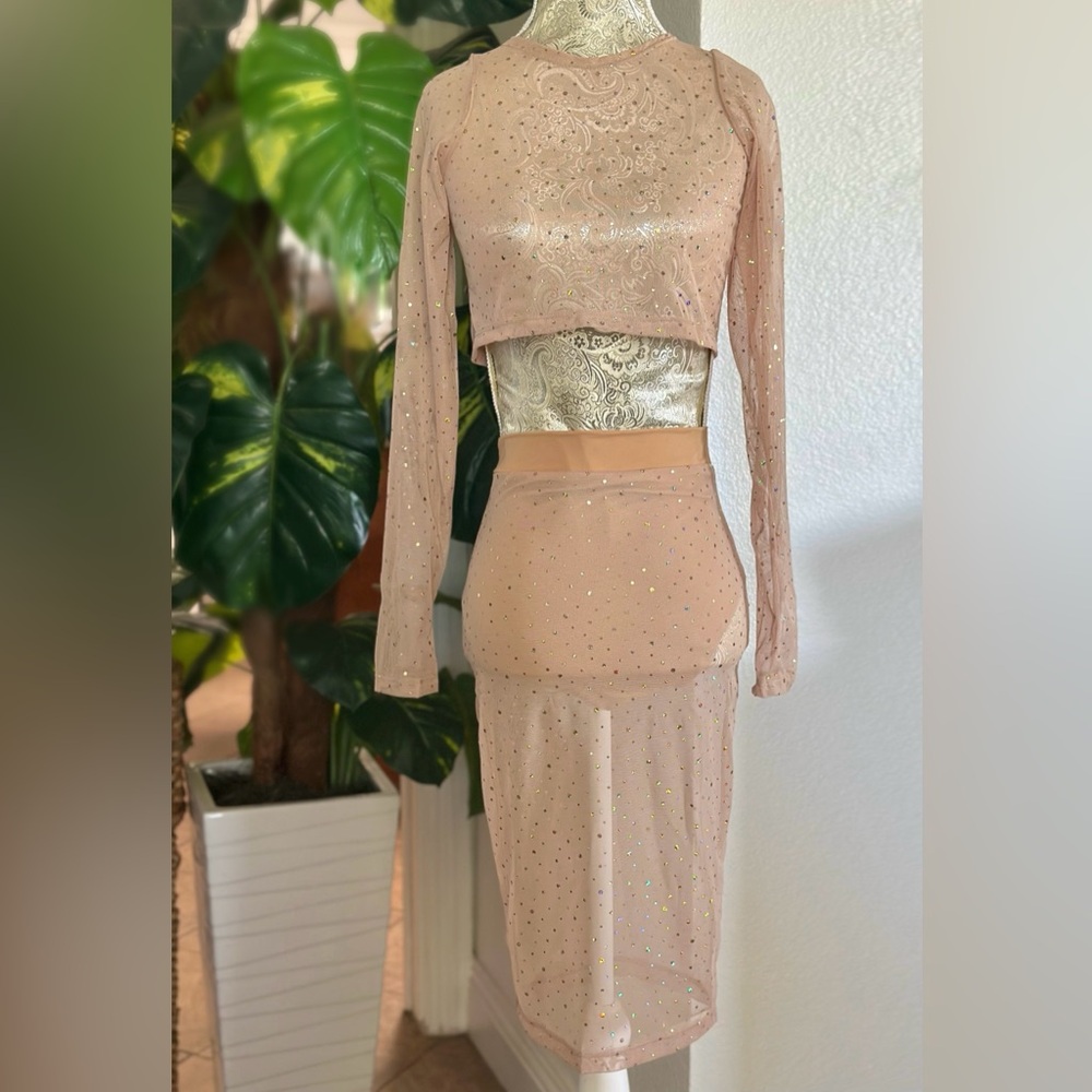 Sexy Peach Midi Skirt & Top Set Glitter Rhinestones Festival Dancer Club Medium